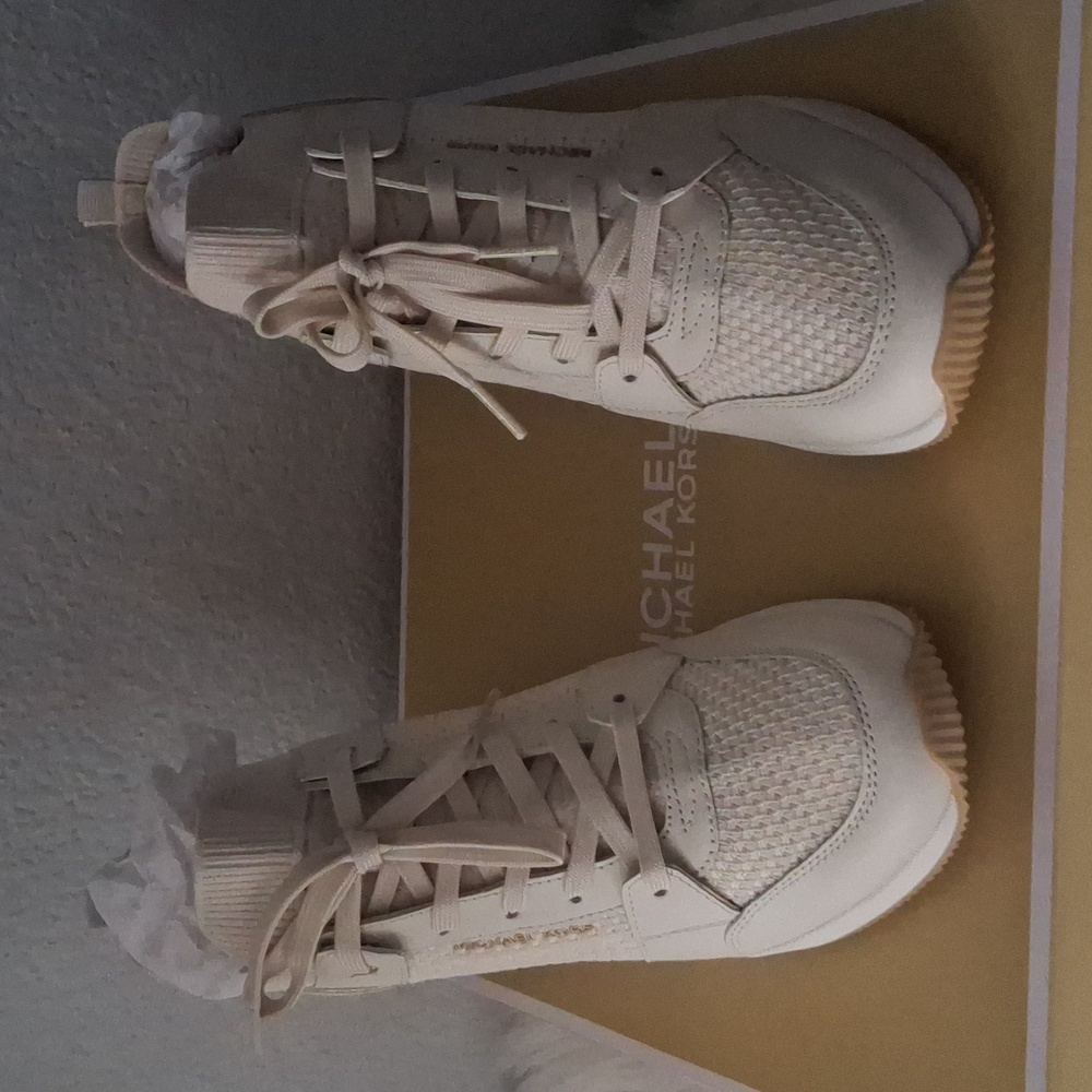 Michael Kors Georgie Knit Trainer Wedge Sneakers, Size 8, Color Cream/Pale Gold